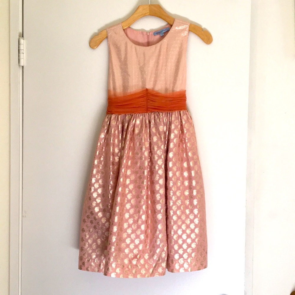 Coral pink dress with gold foil patterned skirt